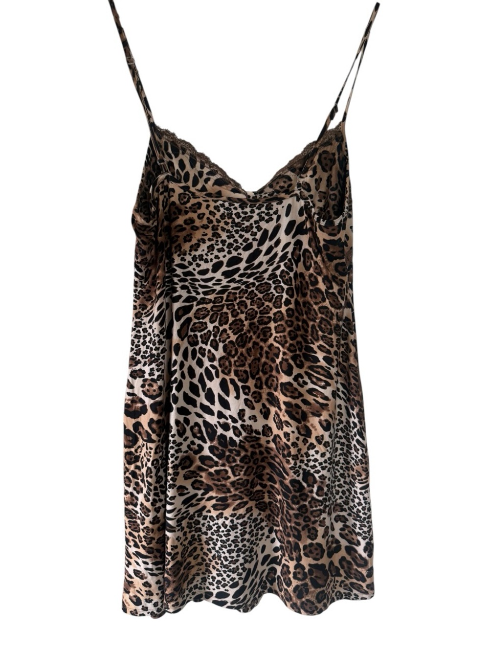Ambrielle Y2K Leopard Print Satin Slip Dress with Brown Lace Trim | size Med - Picture 5 of 5